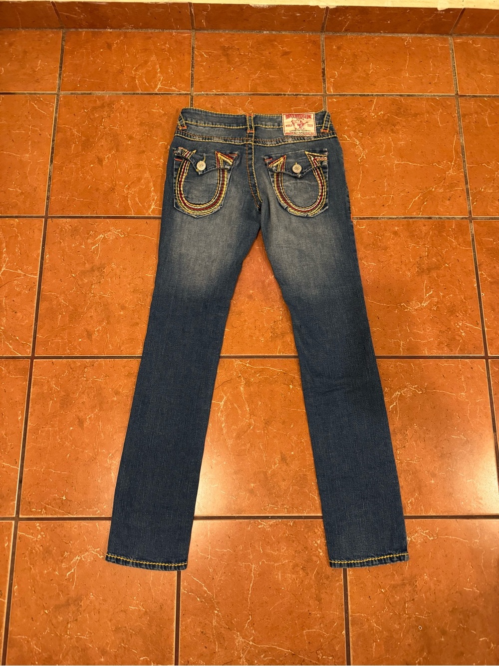True Religion Blue Denim Jeans with Multicolor Stitching